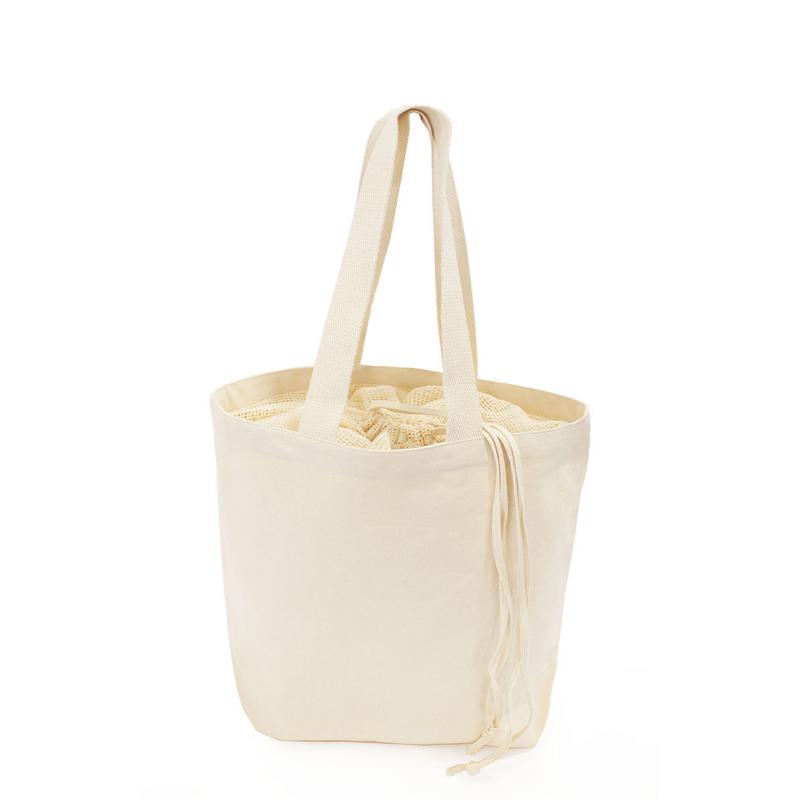 10oz (310gsm) canvas beach bag with cotton mesh and drawstring closure and long cotton webbing handle