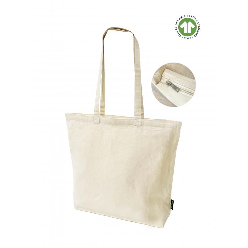 8oz (220gsm) natural organic canvas bag with long handles and zip closure.