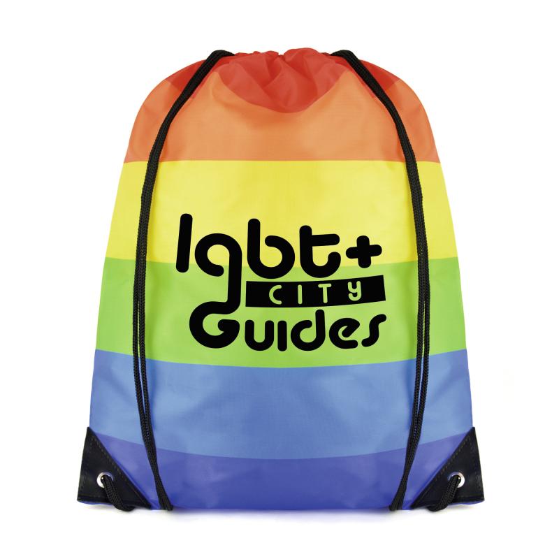 210D polyester drawstring bag with horizontal stripe rainbow coloured print